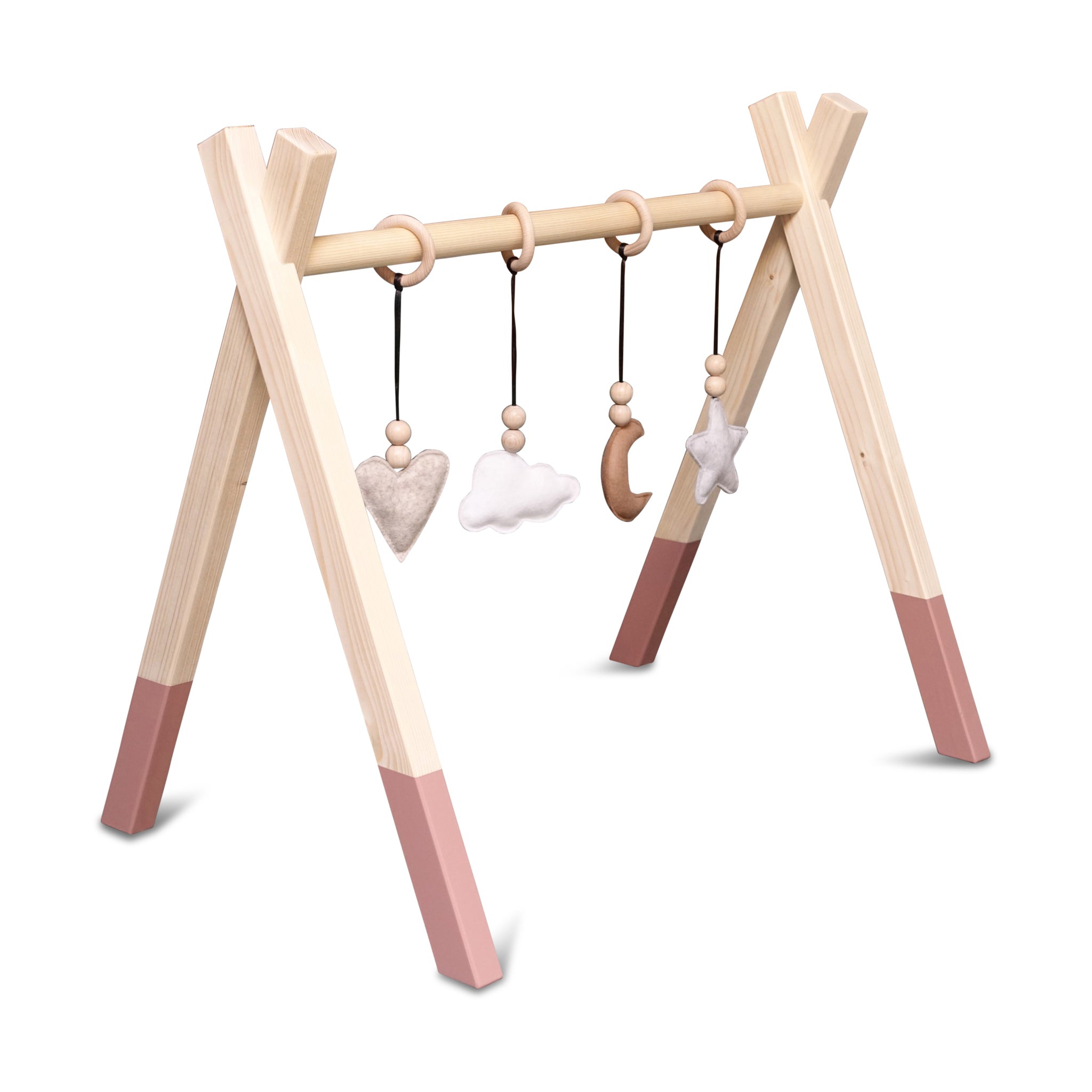 Houten babygym Terra roze, met naturel hangers , Tipi vorm massief hout - toddie.nl