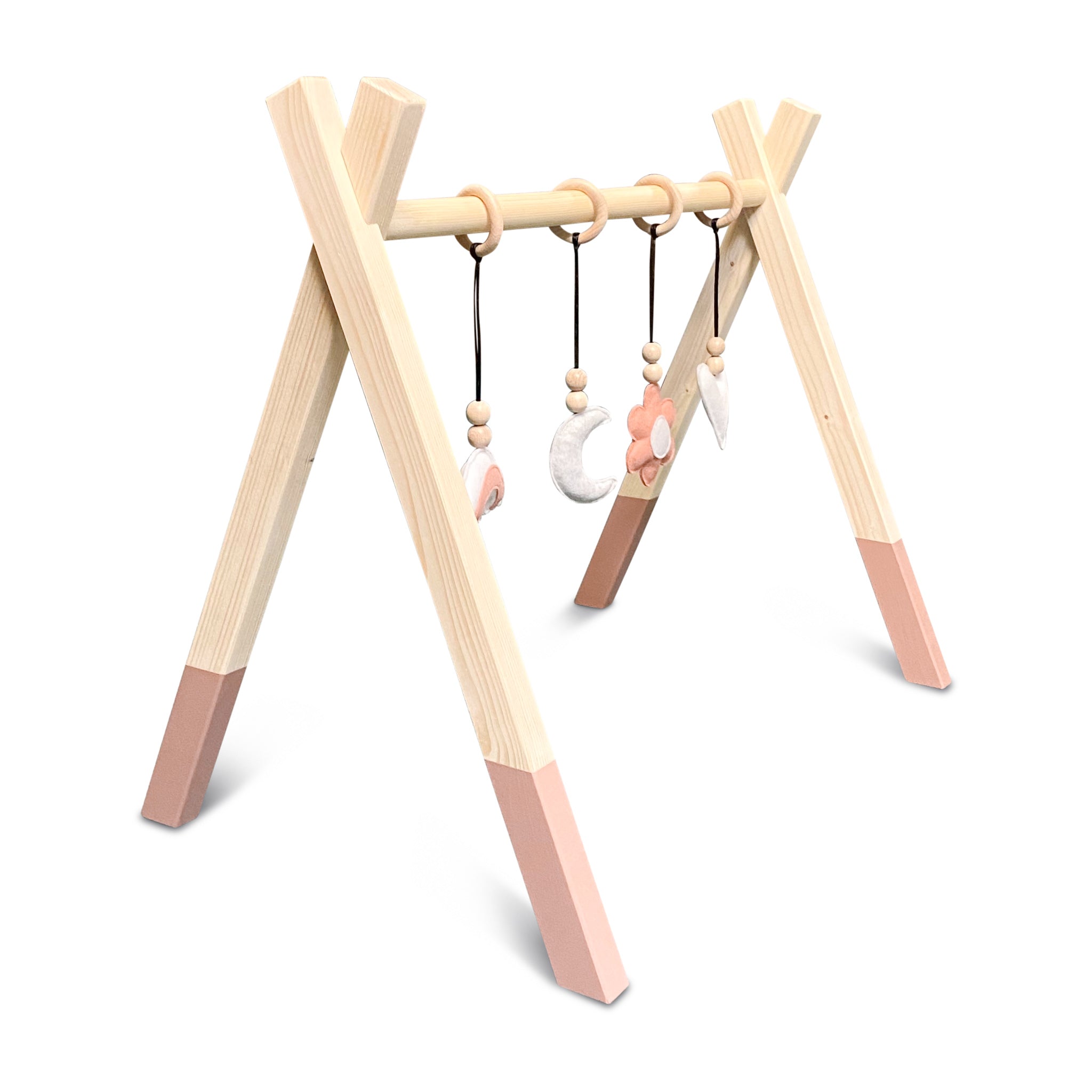 Houten babygym Terra roze, met bloem en regenboog hangers , Tipi vorm massief hout - toddie.nl