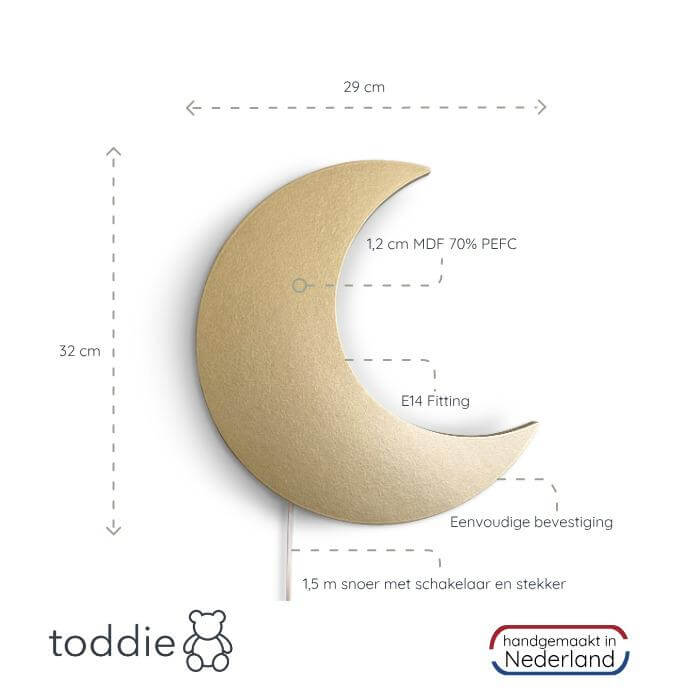 Houten wandlamp kinderkamer | Maan - Goud - toddie.nl