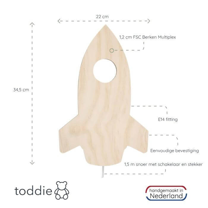 Houten wandlamp kinderkamer | Raket - toddie.nl