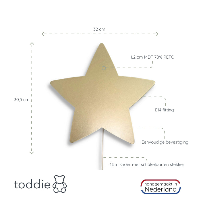 Houten wandlamp kinderkamer | Ster - goud - toddie.nl
