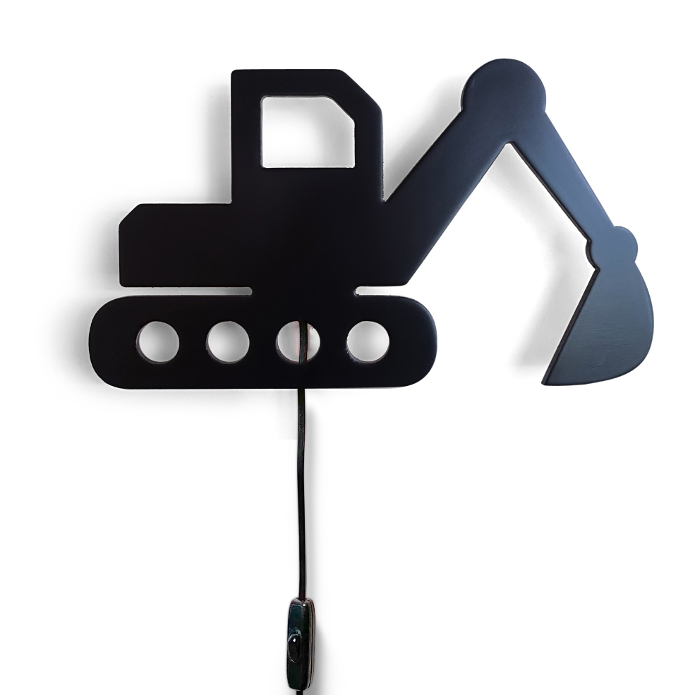 Houten wandlamp kinderkamer | Graafmachine, zwart - toddie.nl