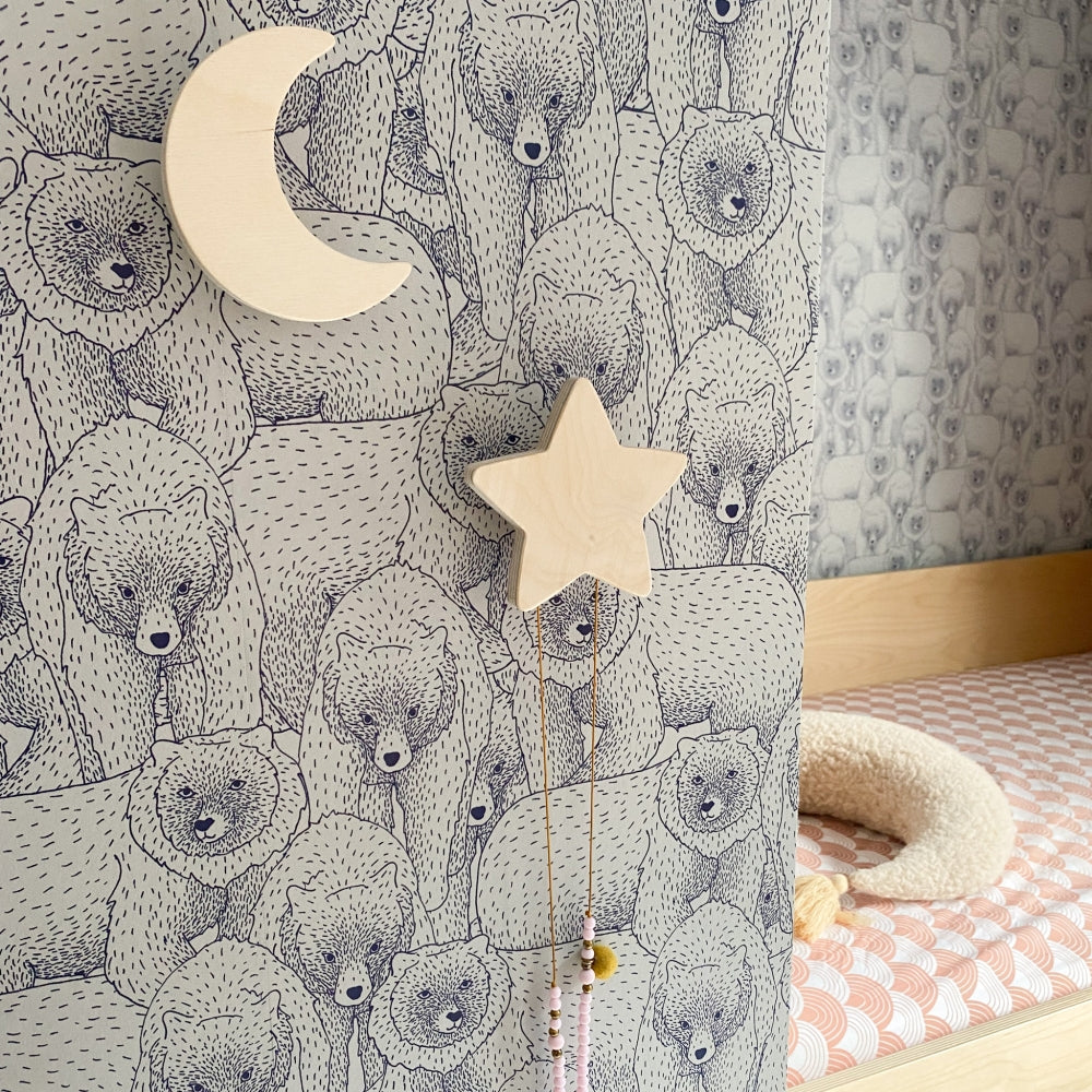 Blank houten wandhaken kinderkamer | Ster en maan - toddie.nl