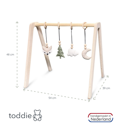 Blank houten babygym | Speelboog massief hout - bosdieren hangers - toddie.nl