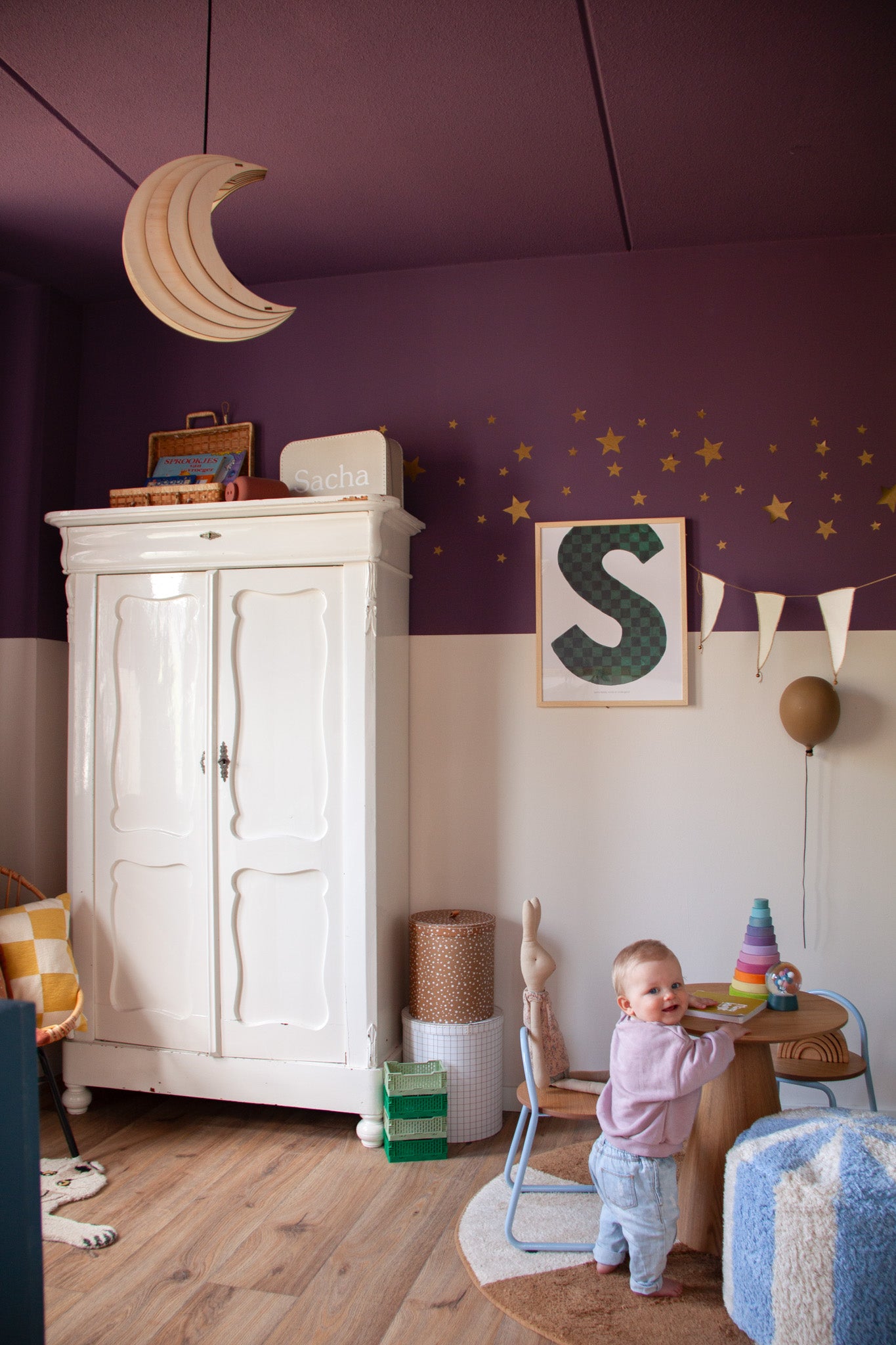 Houten hanglamp kinderkamer | Maan - blank - toddie.nl ®