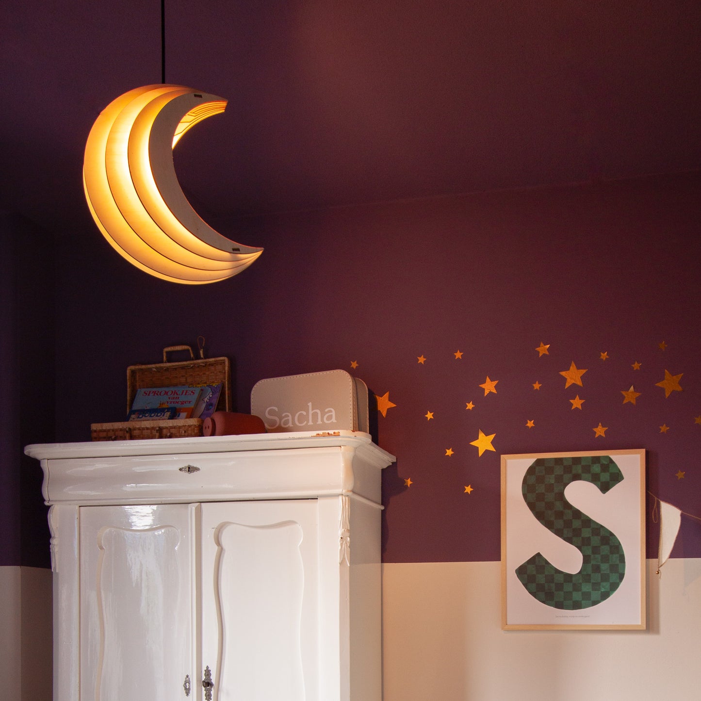 Houten hanglamp kinderkamer | Maan - blank - toddie.nl ®