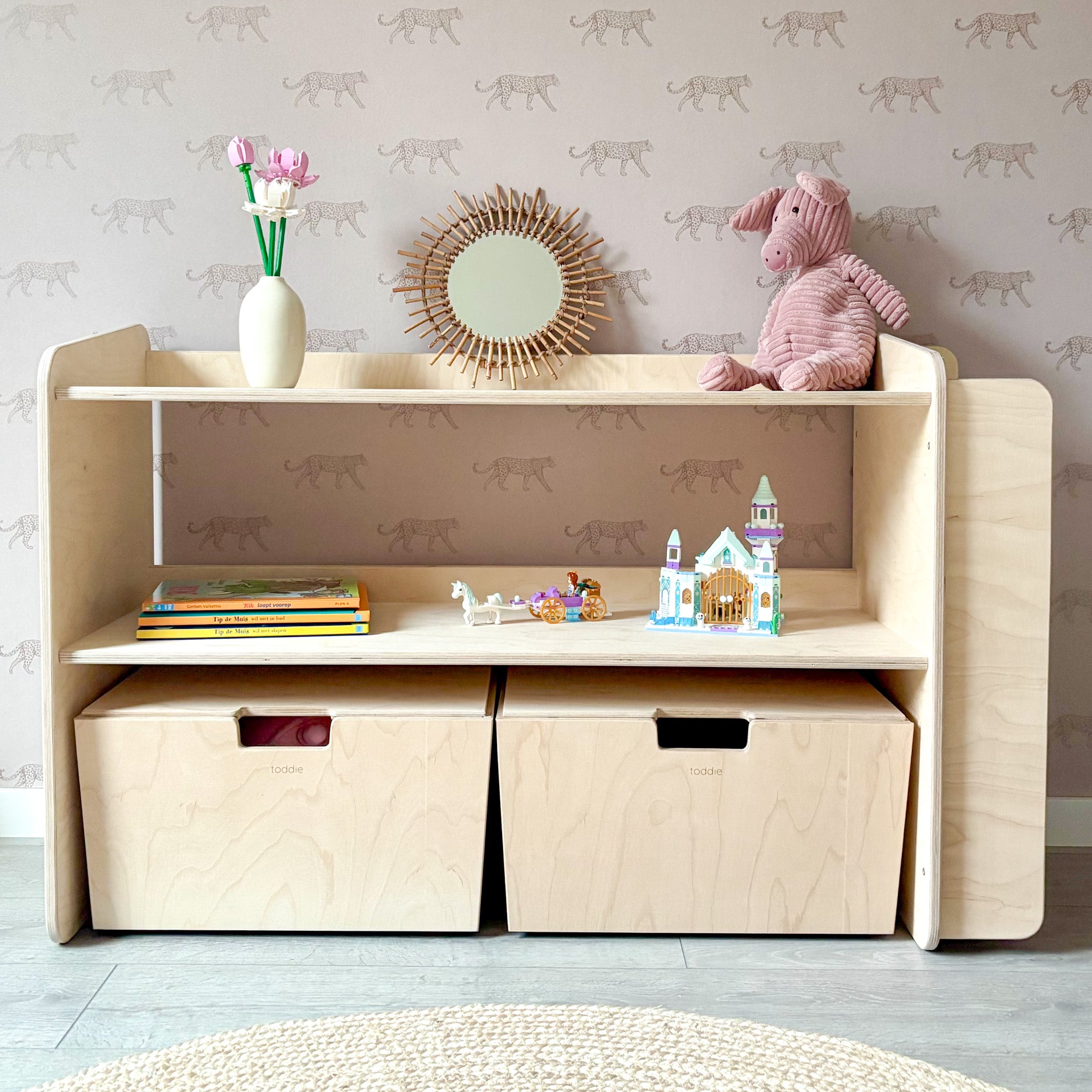 Jollie montessori open speelgoedkast met boekenkast+ rijdende opbergkisten | Boekenkast 2 planken - blank