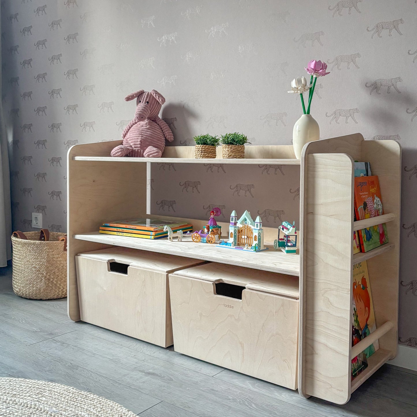 Jollie montessori open speelgoedkast met boekenkast+ rijdende opbergkisten | Boekenkast 2 planken - blank - toddie.nl ®