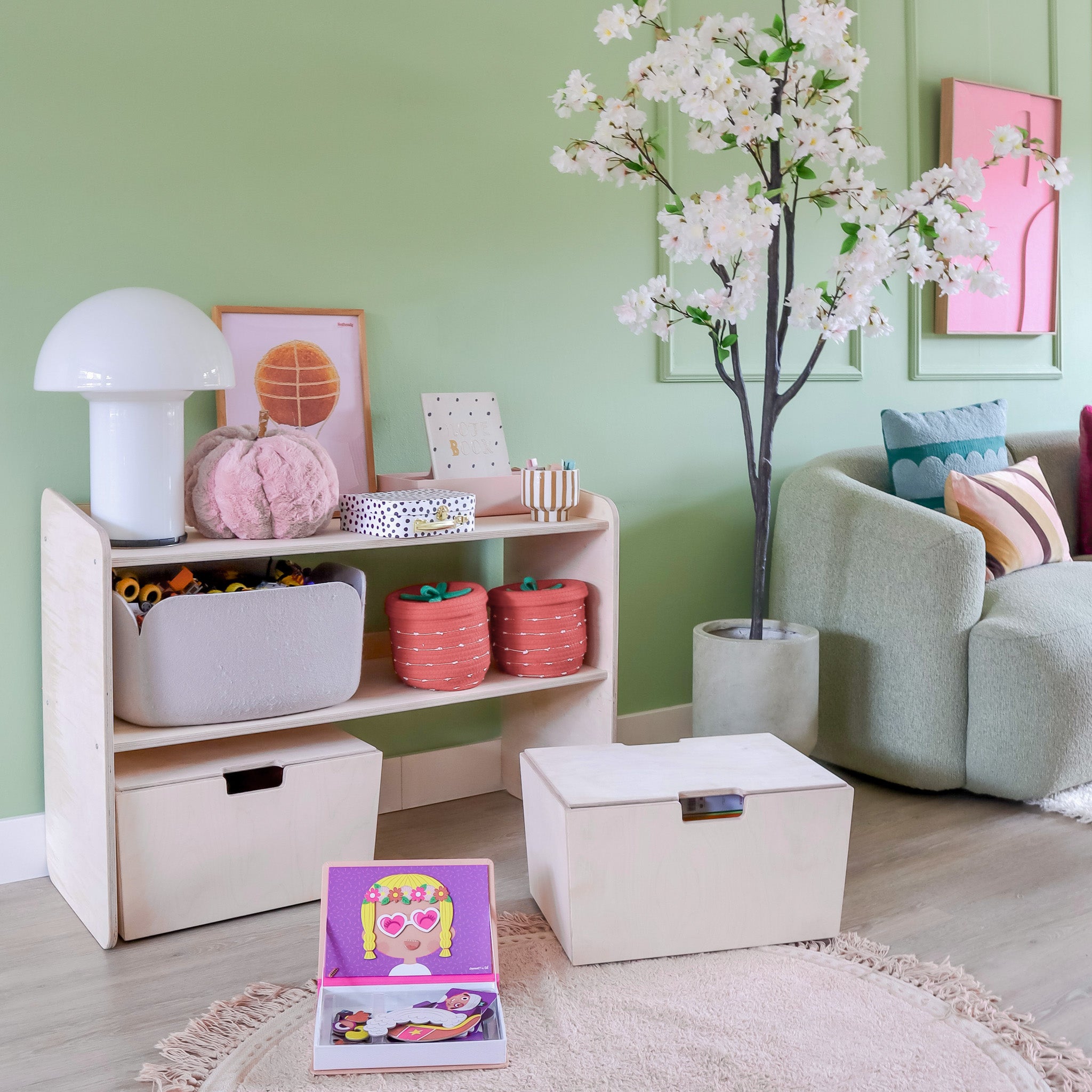 Jollie montessori open speelgoedkast + rijdende opbergkisten | Boekenkast 2 planken - blank