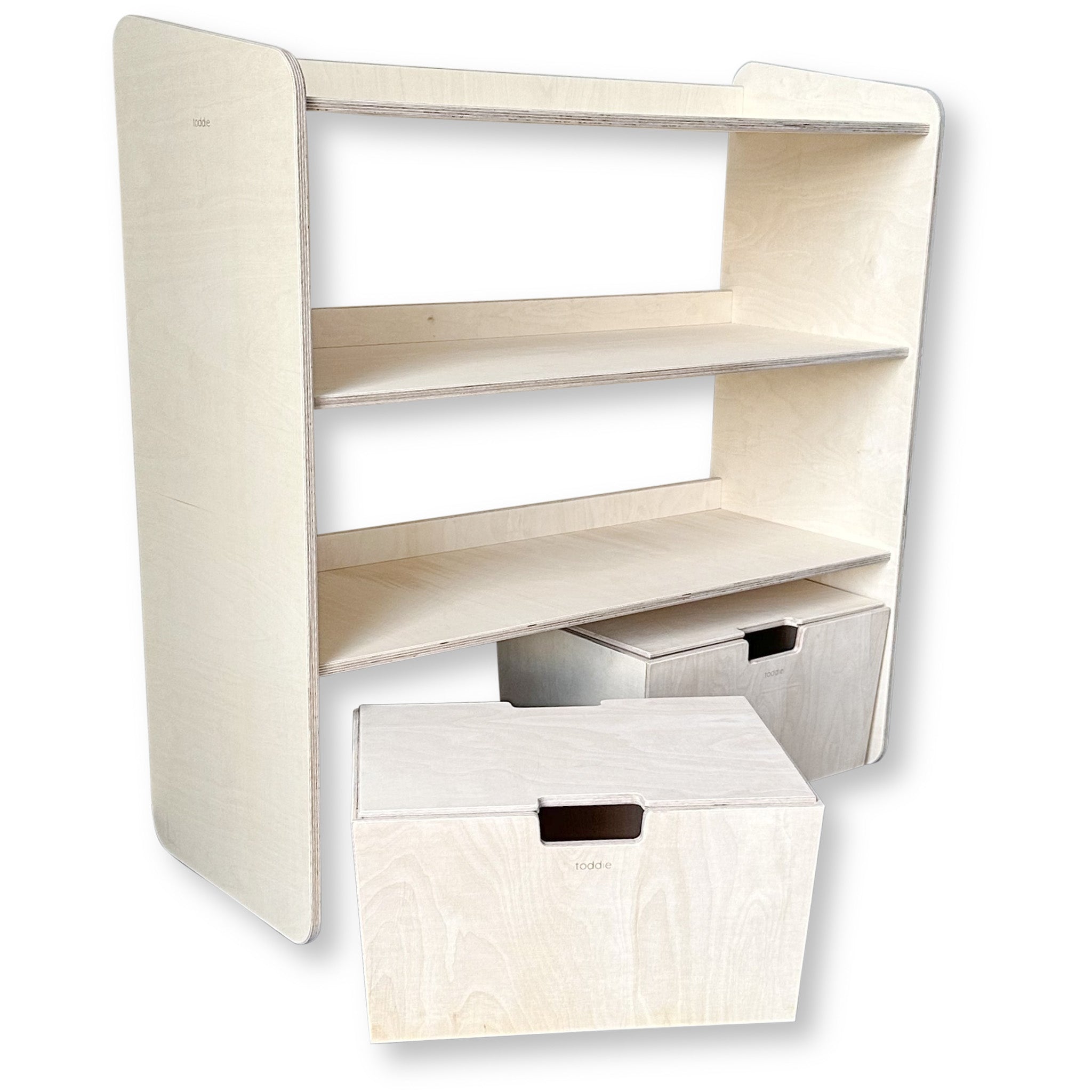 Jollie montessori open speelgoedkast + rijdende opbergkisten | Boekenkast 3 planken - blank