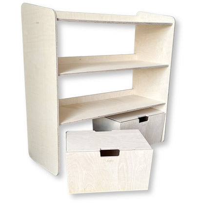 Jollie montessori open speelgoedkast + rijdende opbergkisten | Boekenkast 3 planken - blank - toddie.nl ®