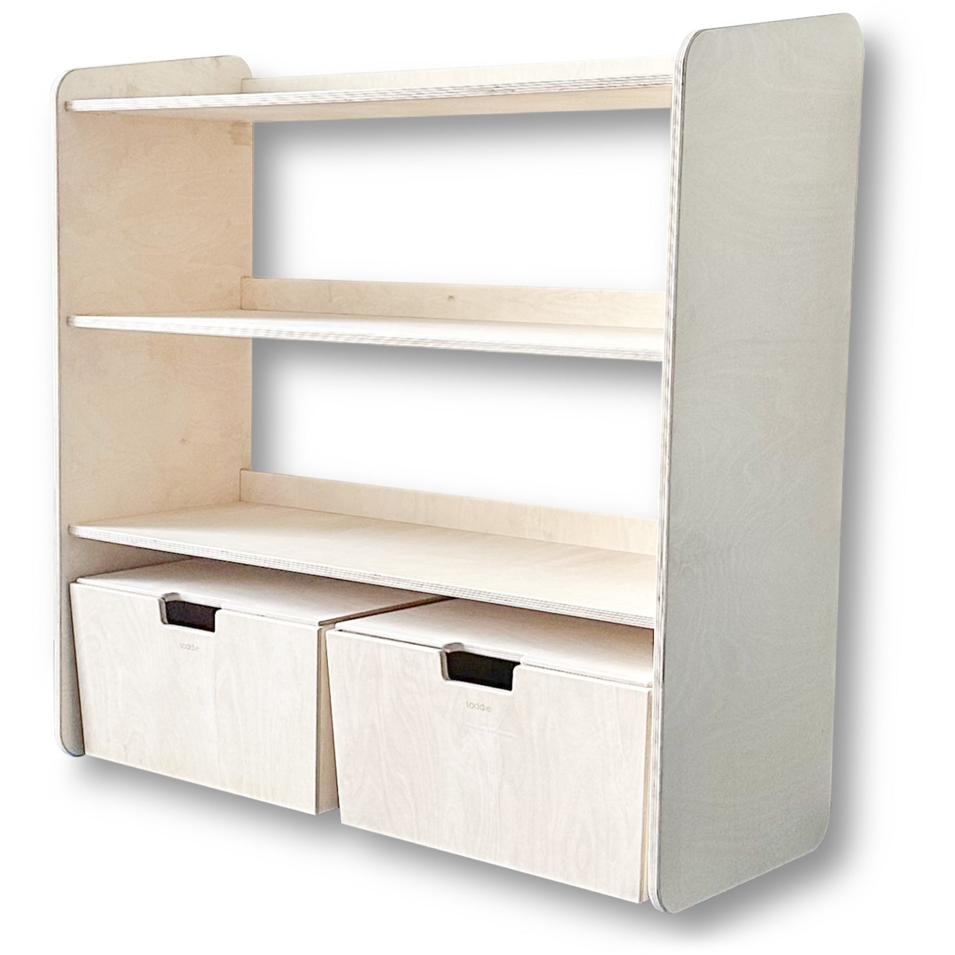Jollie montessori open speelgoedkast + rijdende opbergkisten | Boekenkast 3 planken - blank - toddie.nl ®
