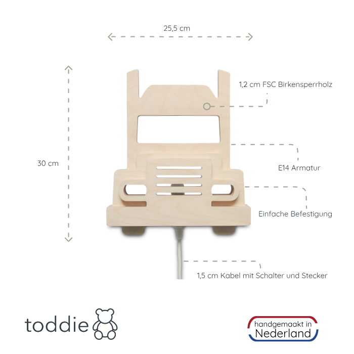 Hölzerne Wandleuchte Kinderzimmer | LKW - natur Wandleuchte toddie.de   