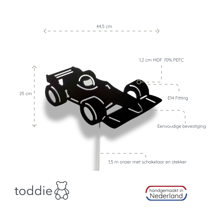 Houten wandlamp kinderkamer | Racewagen, Formule 1 - zwart - toddie.nl