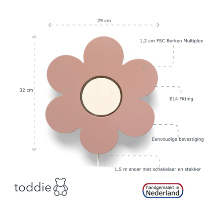 Houten wandlamp kinderkamer | Bloem - Terra roze - toddie.nl