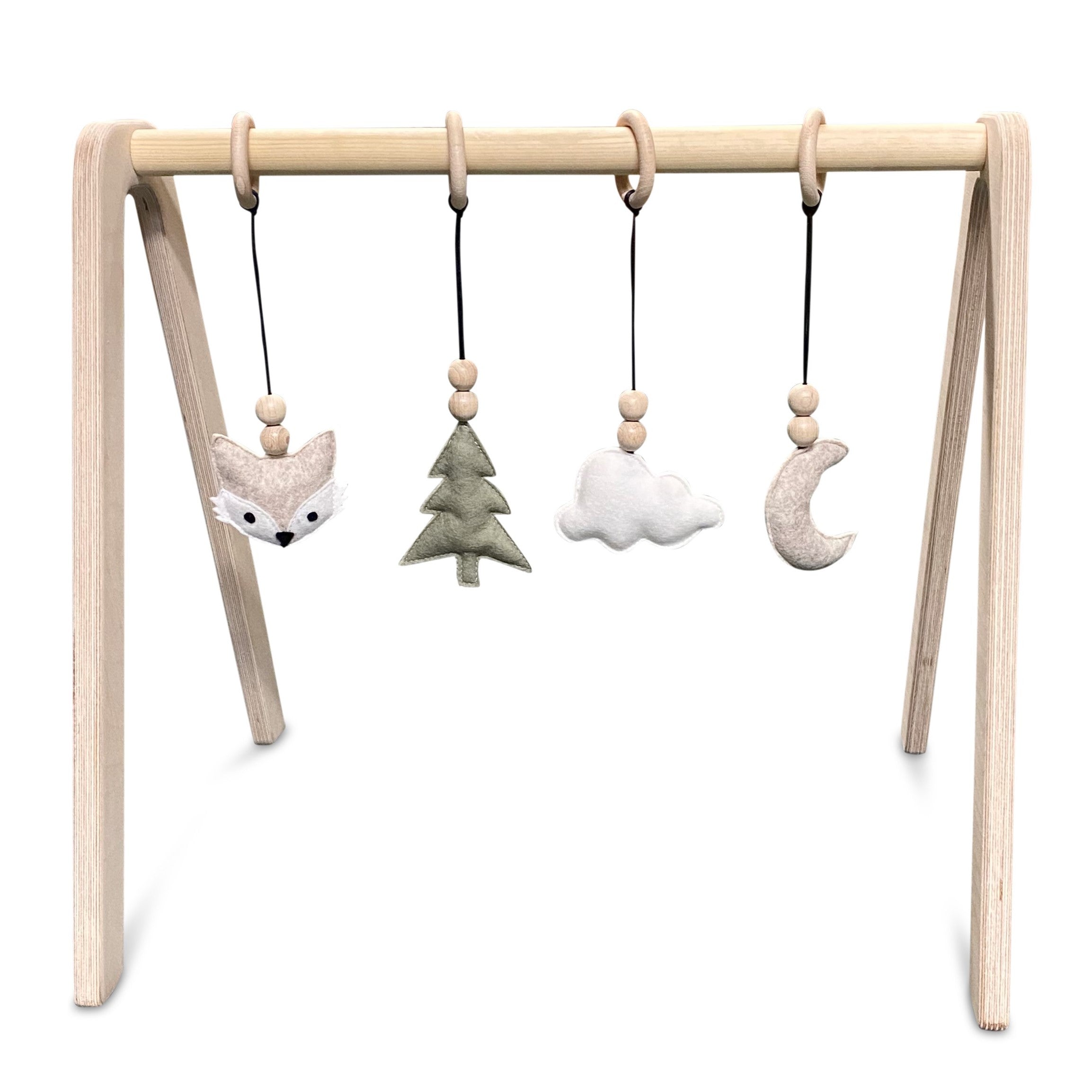 Holz Babygym | Massiver Holzspielbogen mit Waldtiere hängespielzeuge - natur Spielbogen + Hängespielzeuge toddie.de   