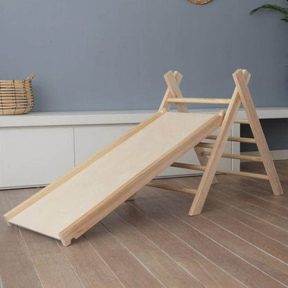 Houten klimrek met glijbaan, klimdriehoek inklapbaar - toddie.nl