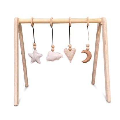 Blank houten babygym , met naturel hangers , speelboog massief hout - toddie.nl