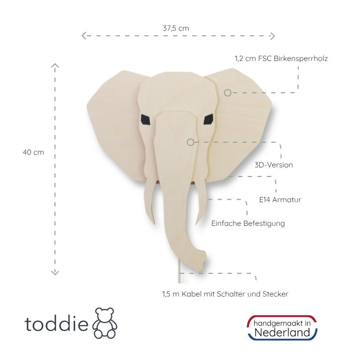 Hölzerne Wandleuchte Kinderzimmer | Elefant 3D - natur Wandleuchte toddie.de   