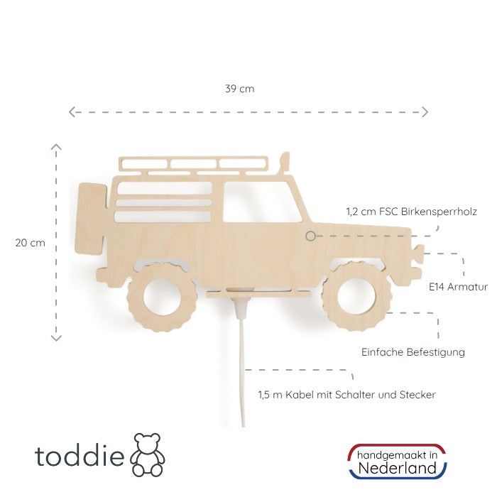 Hölzerne Wandleuchte Kinderzimmer | 4x4 Jeep - natur Wandleuchte toddie.de   