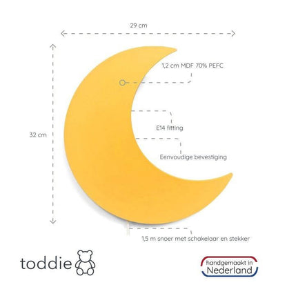 Houten wandlamp kinderkamer | Maan - geel - toddie.nl