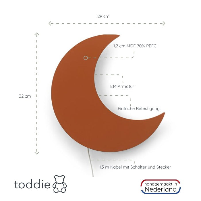 Hölzerne Wandleuchte Kinderzimmer | Mond - ziegelrot Wandleuchte toddie.de   