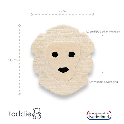 Blank houten wandhaken kinderkamer | Leeuw en monstera blad - toddie.nl