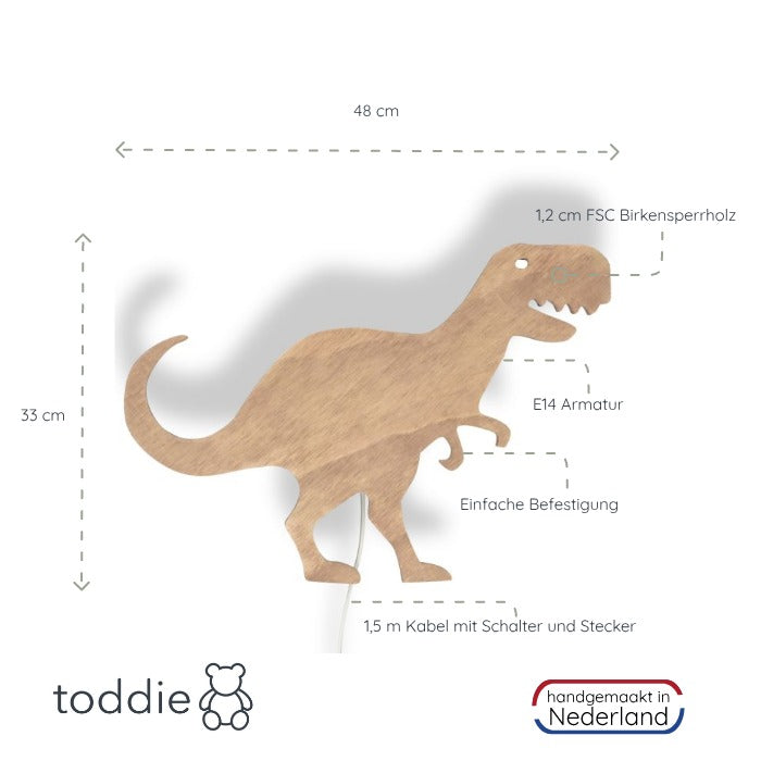 Hölzerne Wandleuchte Kinderzimmer | Tyrannosaurus - natur Wandleuchte toddie.de   